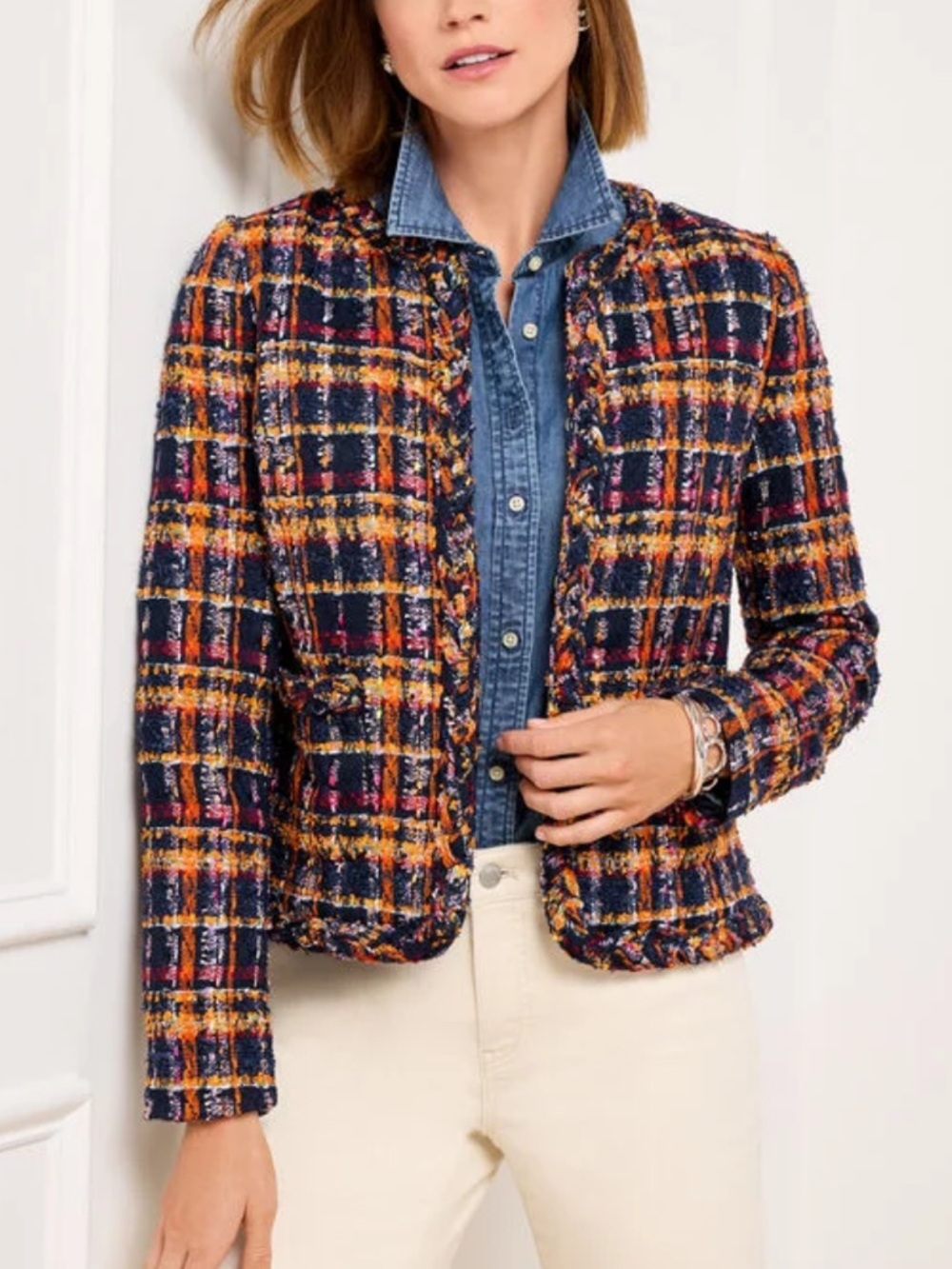 Talbots Navy Plaid Tweed Blazer with Multicolor Accents